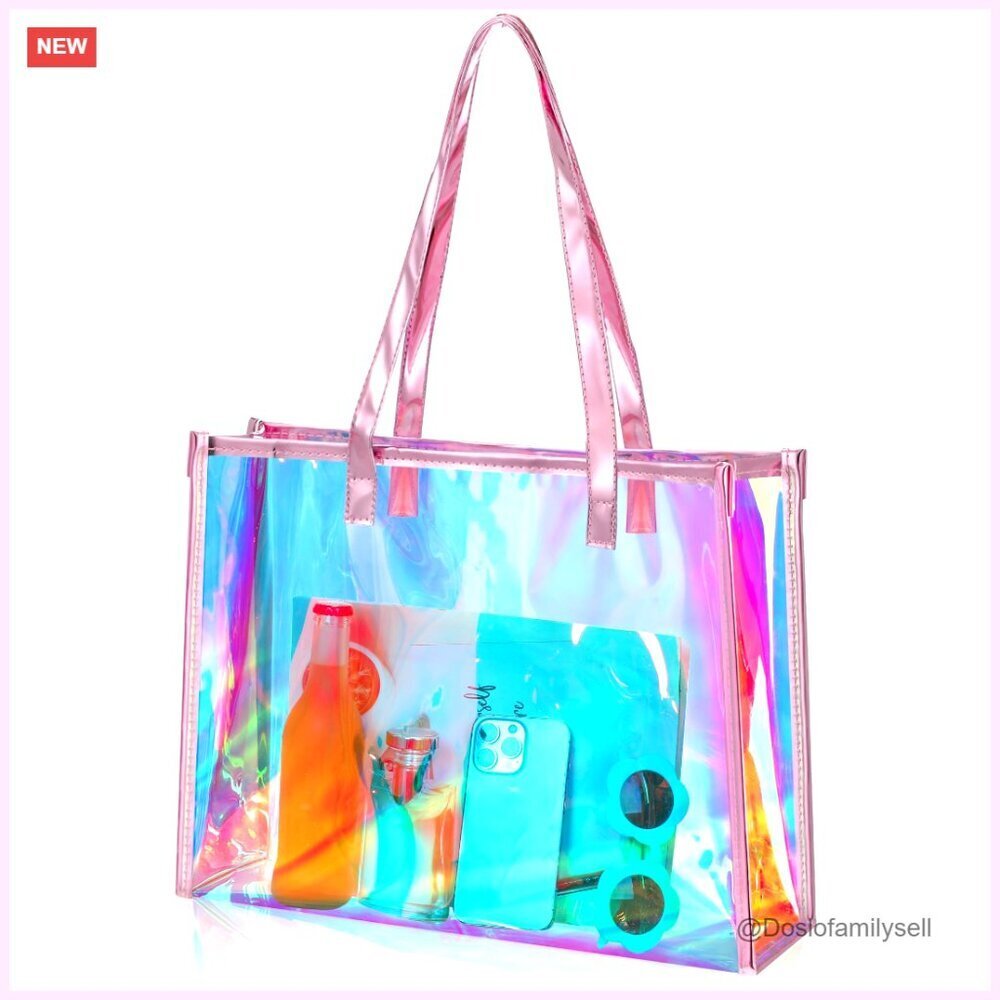Clear PVC Tote Bag with Leather Handle for Beach Work Travel